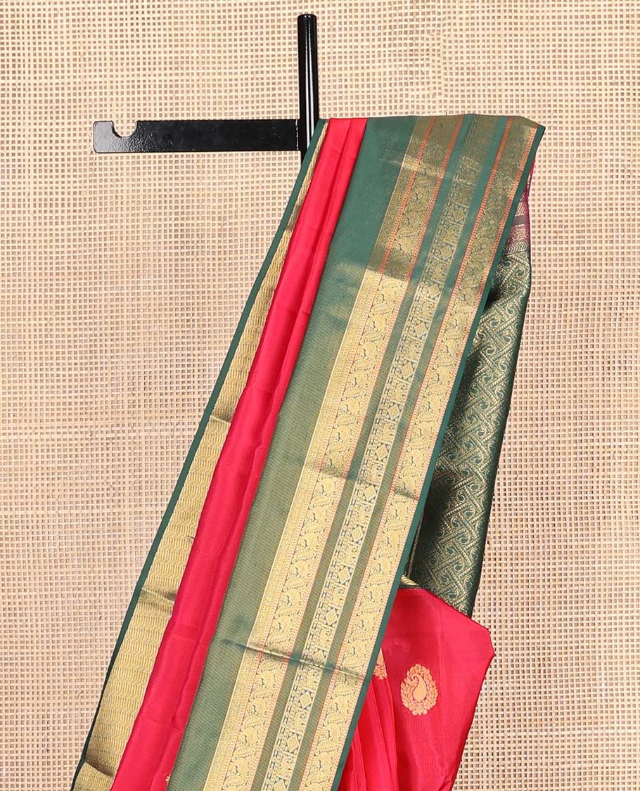 Red zari buttas Vasundhara silk mix saree, contrast rettai pettu traditional design zari border & jaal pallu