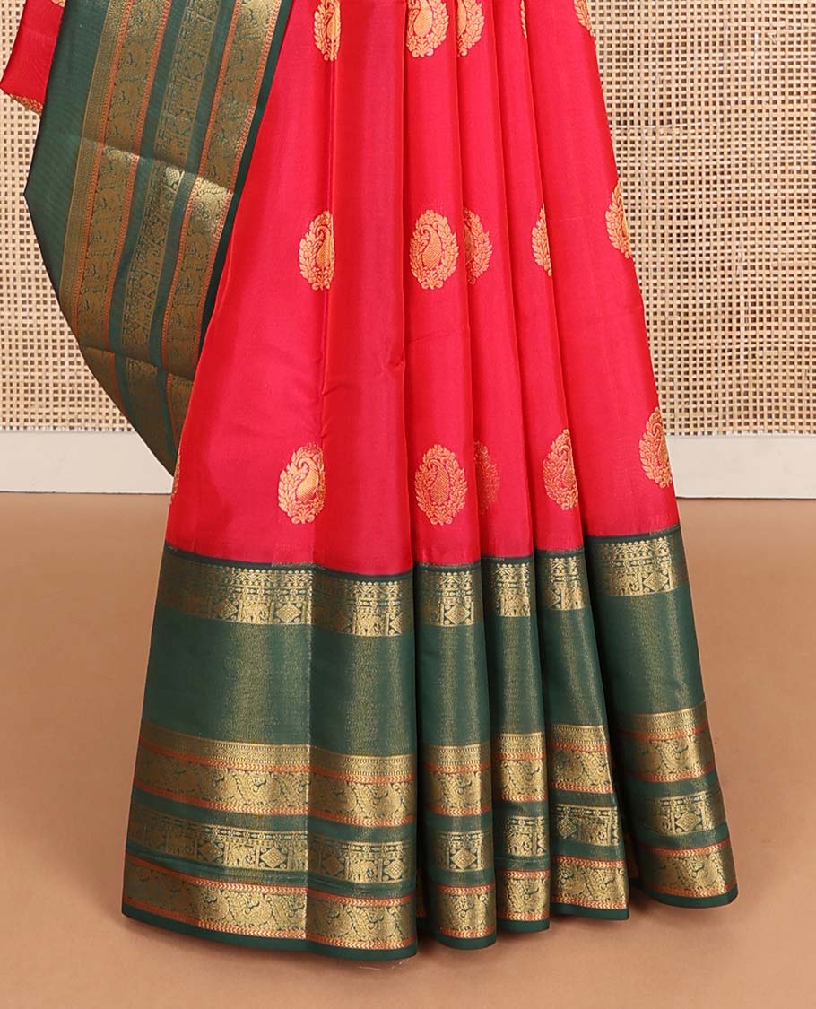 Red zari buttas Vasundhara silk mix saree, contrast rettai pettu traditional design zari border & jaal pallu