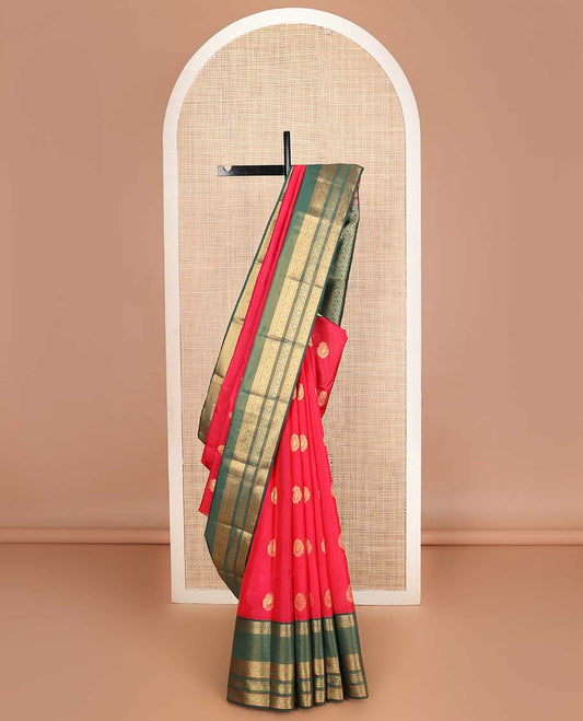 Red zari buttas Vasundhara silk mix saree, contrast rettai pettu traditional design zari border & jaal pallu