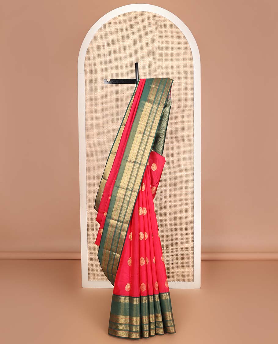 Red zari buttas Vasundhara silk mix saree, contrast rettai pettu traditional design zari border & jaal pallu