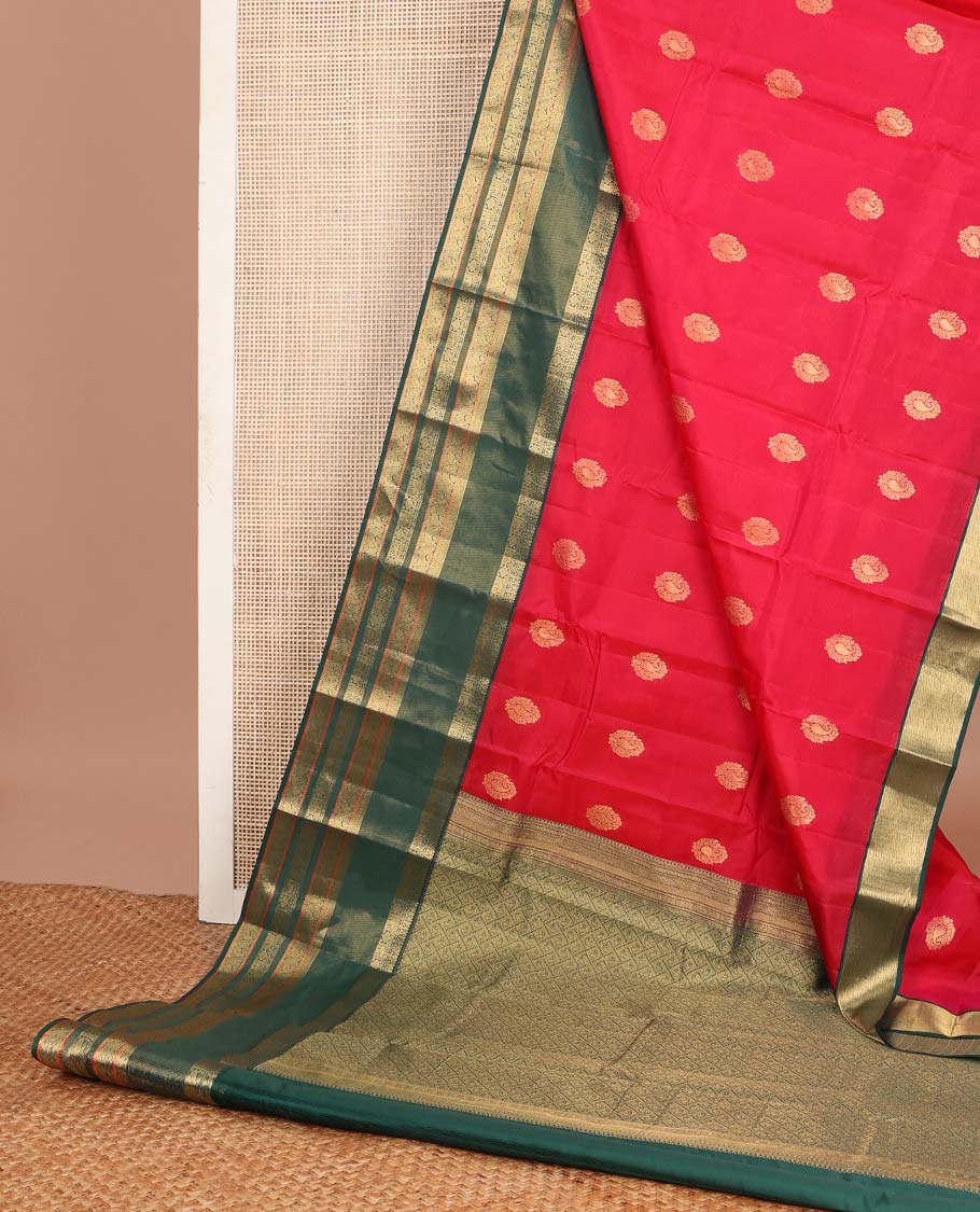 Red zari buttas Vasundhara silk mix saree, contrast rettai pettu traditional design zari border & jaal pallu