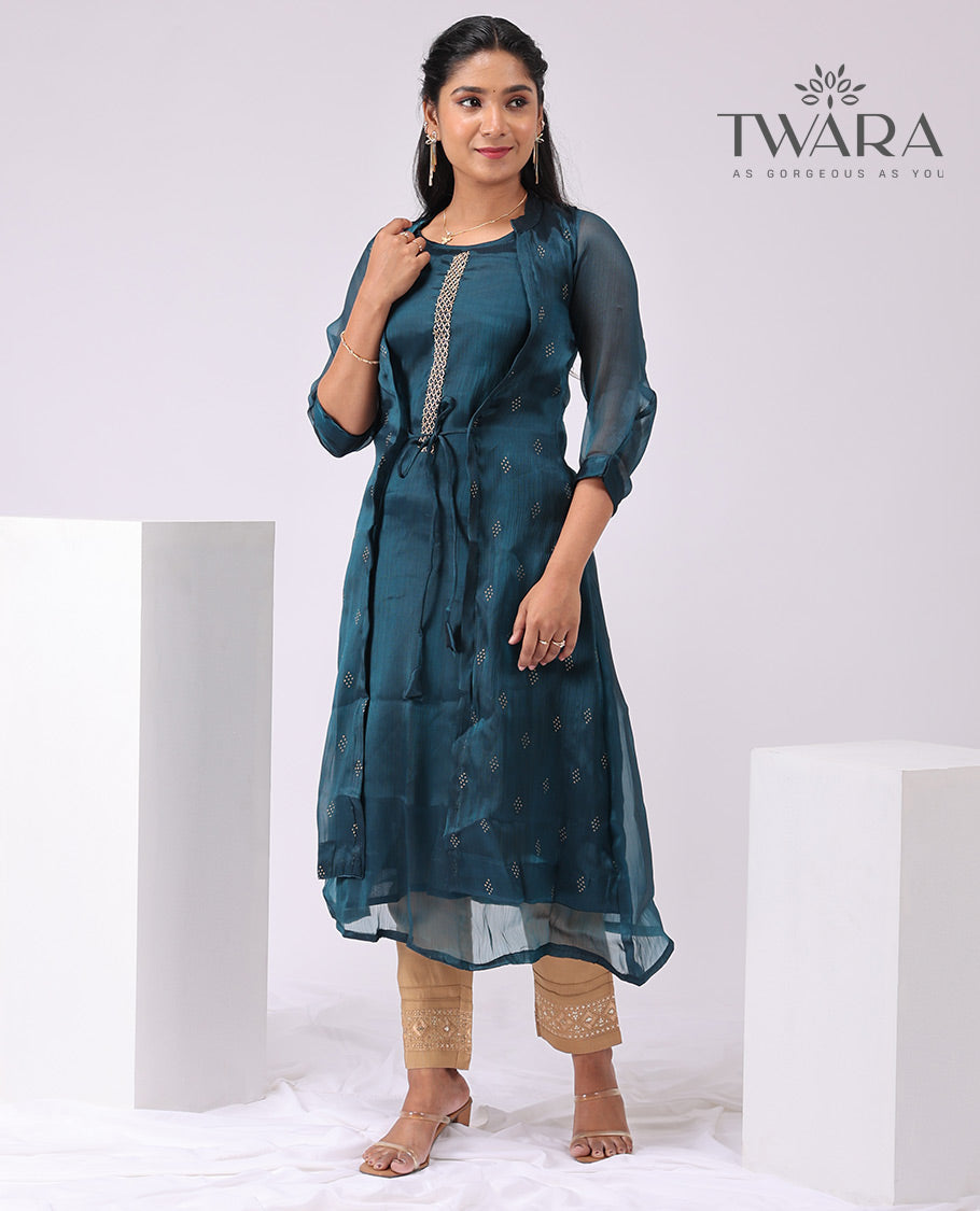 Twara blue geometric embroidered round neck 3/4 th sleeve bleow knee lenght with over coat