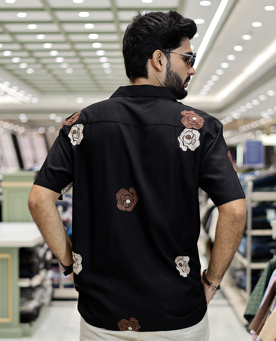 Black Floral Embroidery Cotton-Blended Casual Shirt