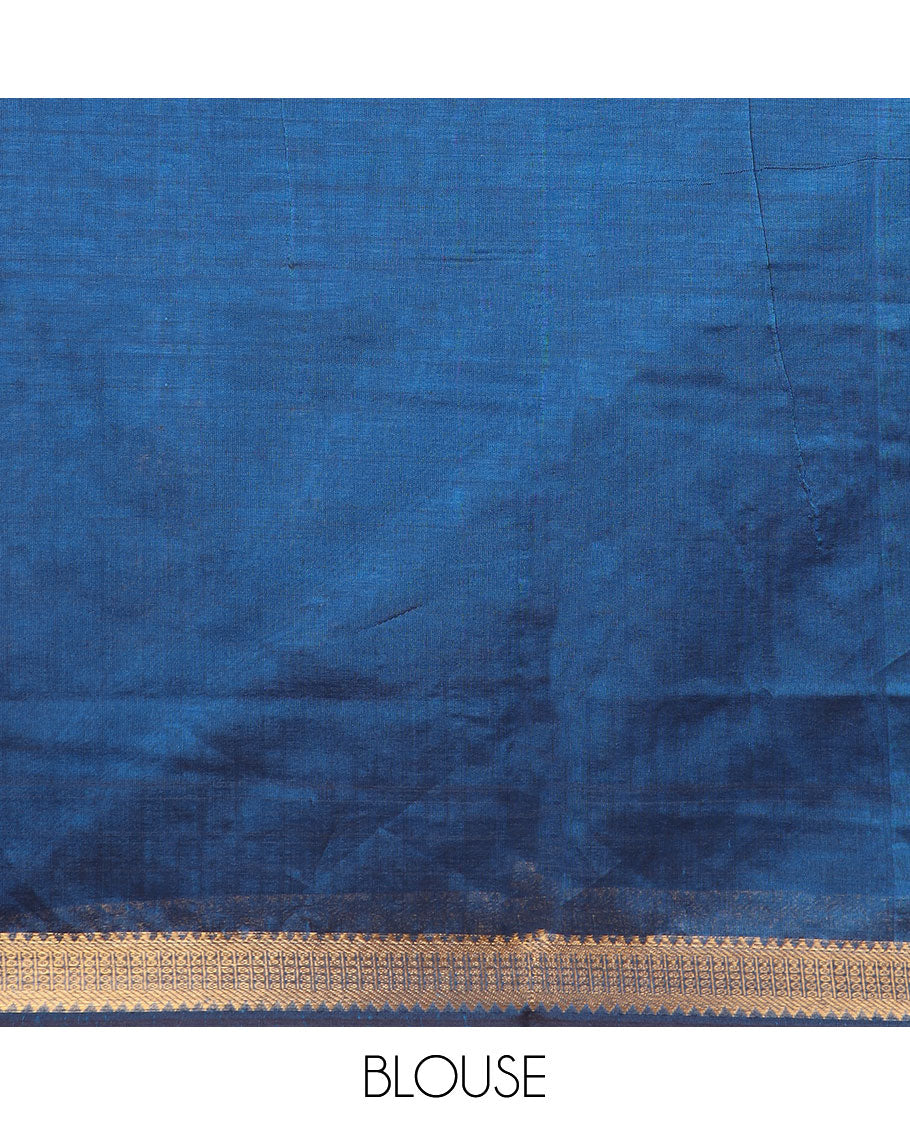 Blue plain poly cotton saree, traditional zari border & striped pallu