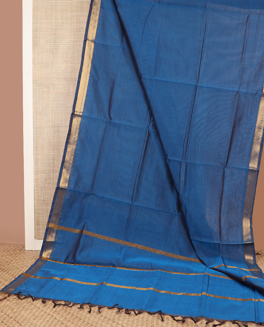 Blue plain poly cotton saree, traditional zari border & striped pallu
