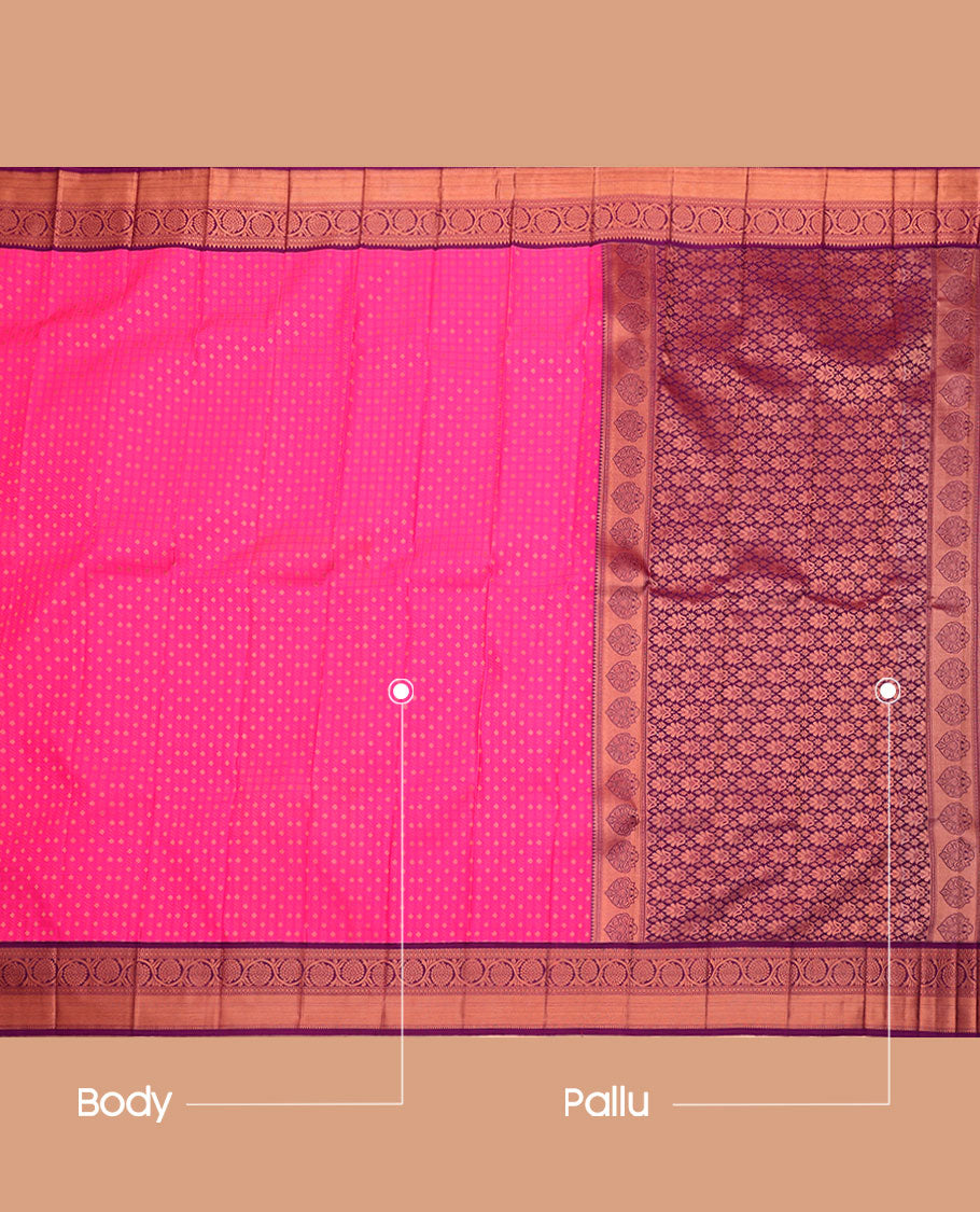 Pink Budget Silk Saree, Adorned with Buttas All Over Its Body, Complemented by a Contrast Traditional Zari Border of Floral Creeper Designs, Intricately Designed Pallu, and Paired with a Contrast Blouse