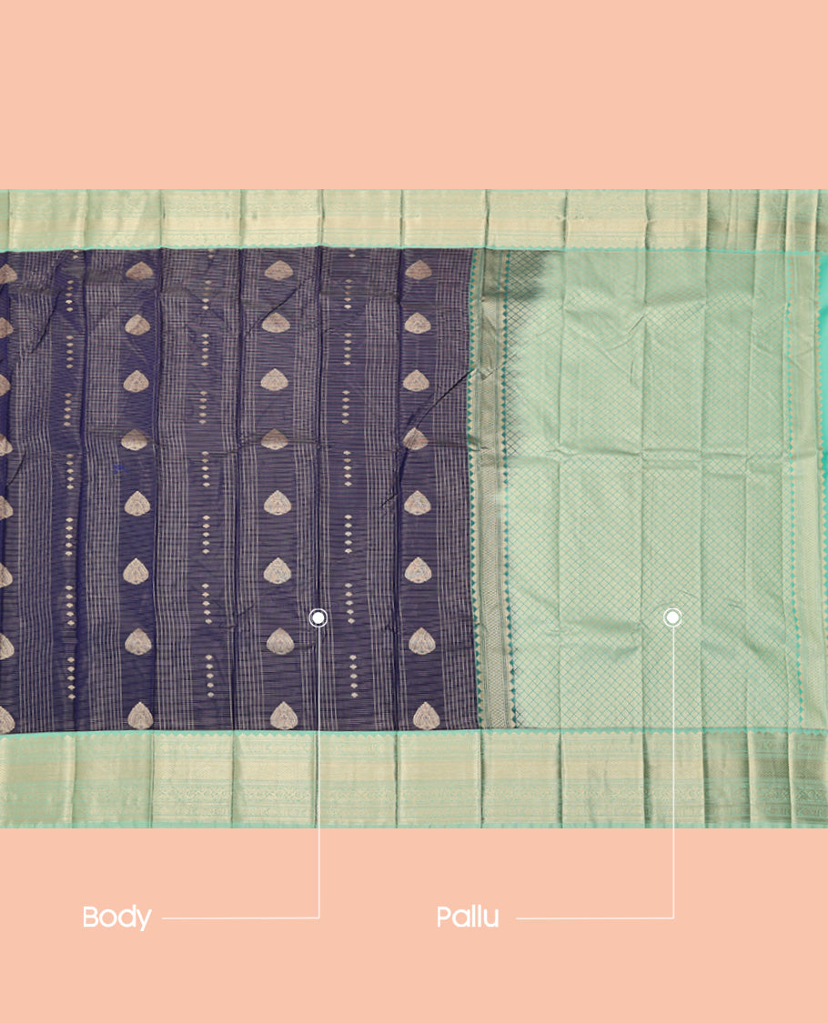 Blue Budget Silk Saree, Woven with Zari Buttas and Checks, a Contrast Traditional Zari Border, Jaal Pallu, and a Contrast Blouse