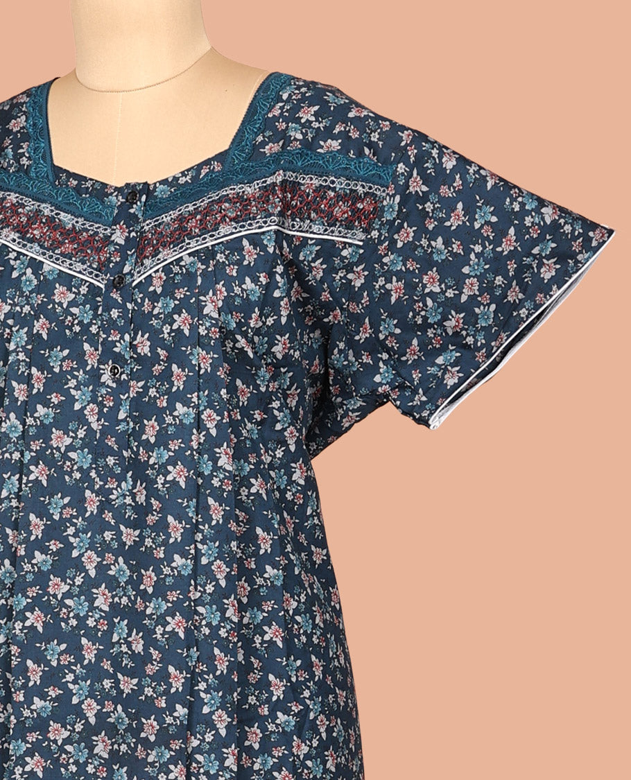 Blue Cotton-Blended Nighty