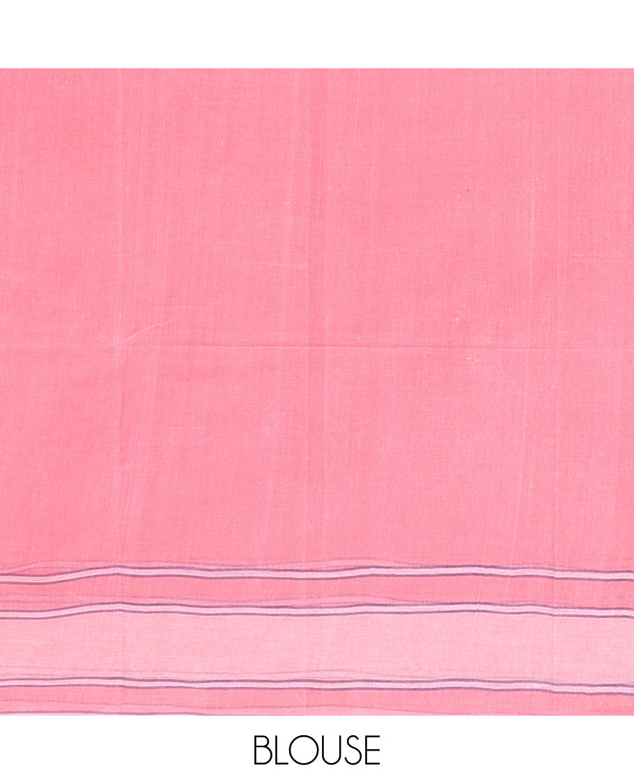 Pink Bengal Cotton Saree, Bedecked with Thread Buttas, a Subtle Border, Pallu of Stripes and Buttas, and a Matching Blouse