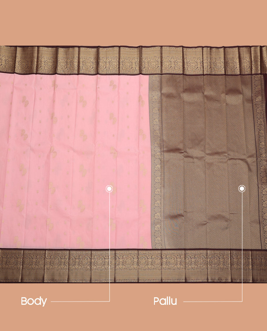Pale Pink Budget Silk Saree, Accentuated with Buttas, Complemented by a Contrast Traditional Zari Border, Grand Pallu, and Contrast Blouse