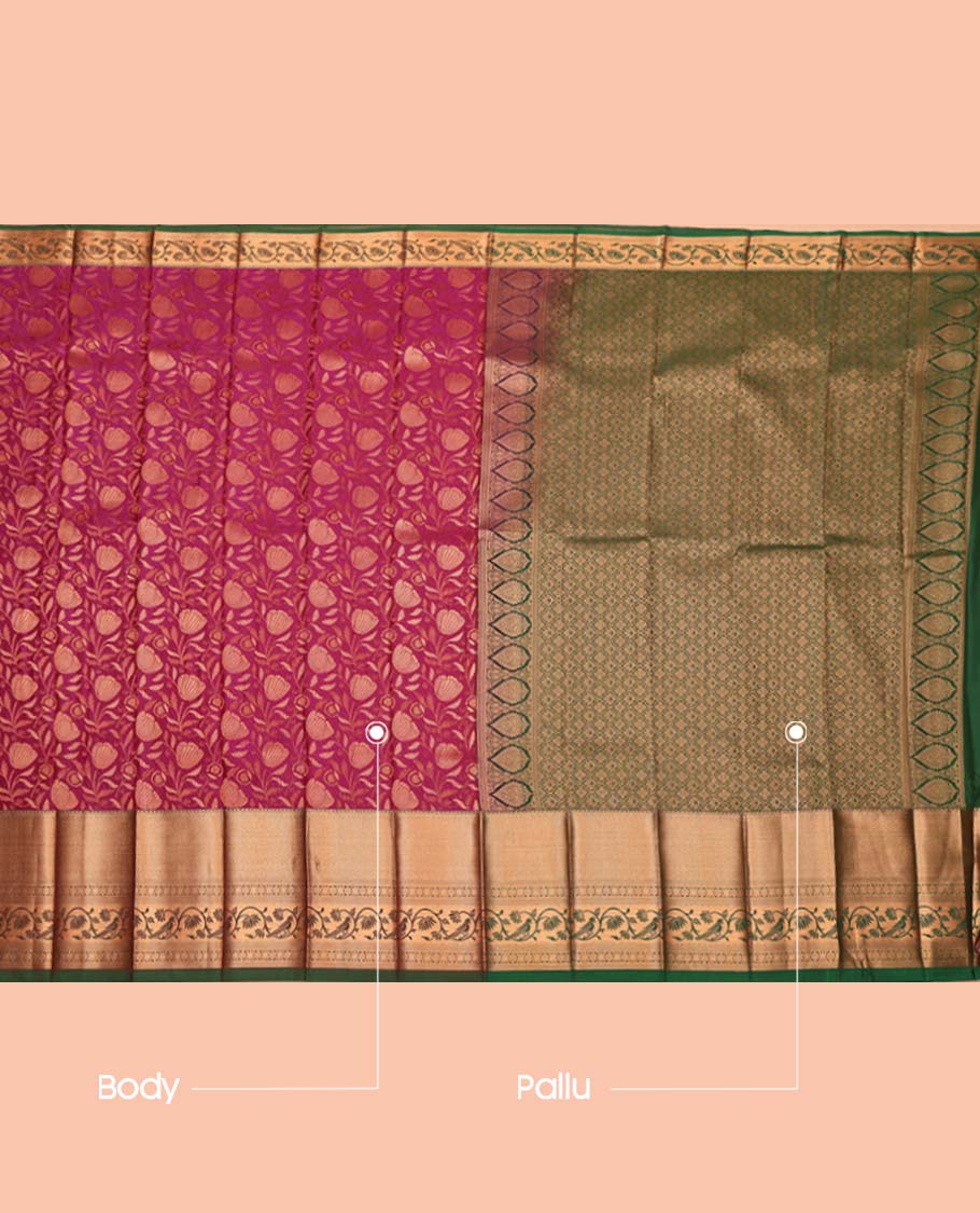 Pink Budget Silk Saree, Artfully Detailed with Jacquard Design, Complemented by a Contrast Traditional Zari Border, Jaal Pallu, and a Contrast Blouse