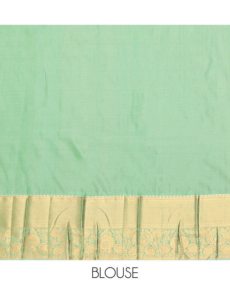 Red Budget Silk Saree, Decked Up with Zari Buttas and Stripes, Complemented by Contrast Traditional Zari Border, a Grand Jaal Pallu and a Contrast Blouse