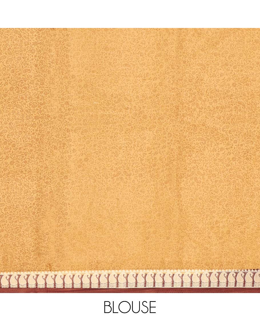 Pastel orange paisley vine semi-banaras printed saree, contrast paisley border & intricate pallu