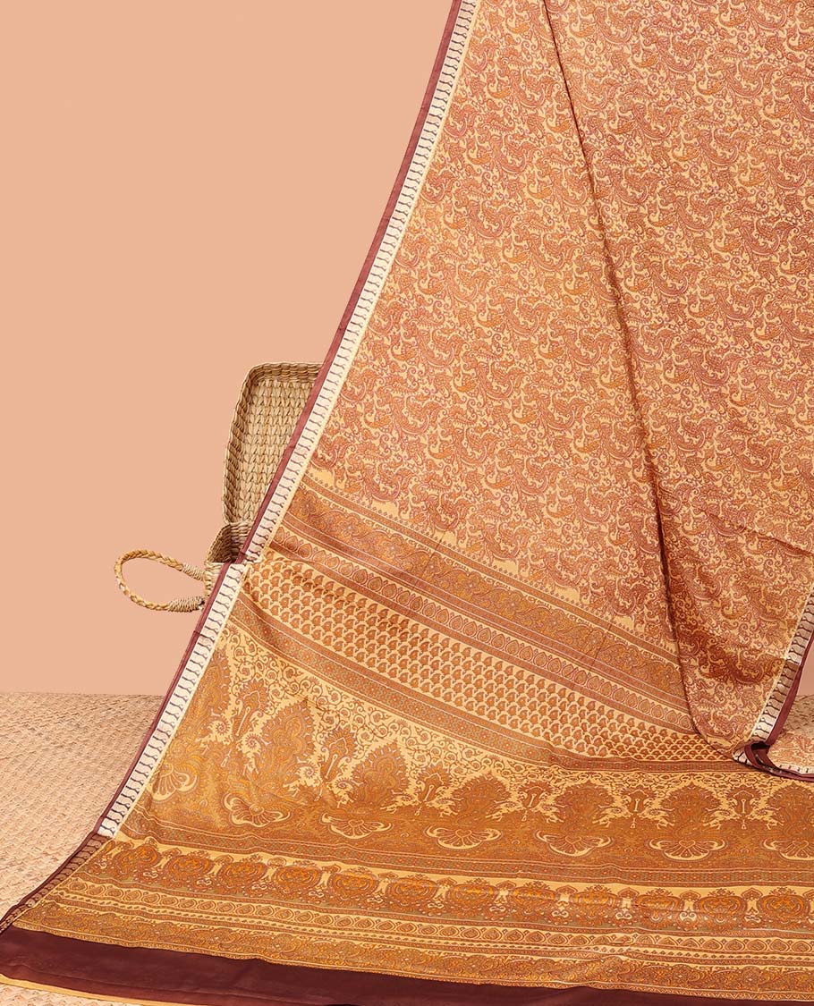 Pastel orange paisley vine semi-banaras printed saree, contrast paisley border & intricate pallu