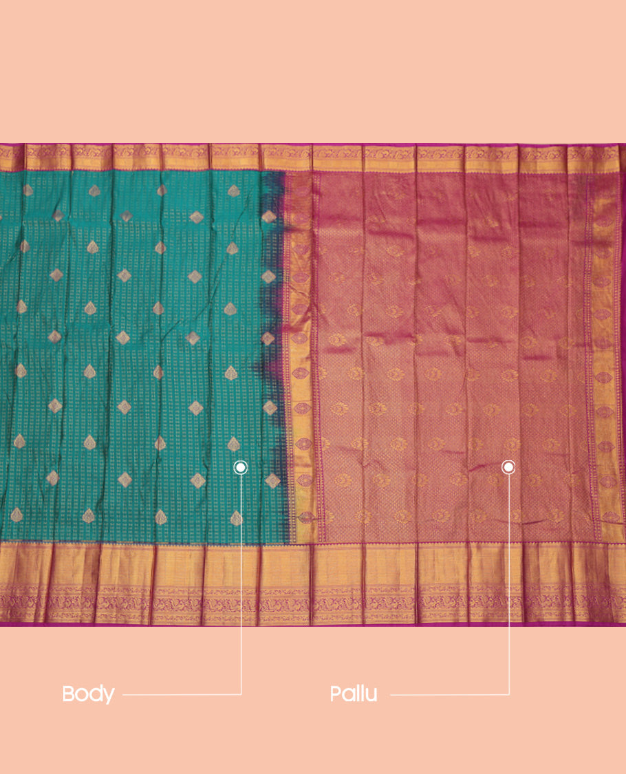 Green Budget Silk Saree, Highlighted with Zari Buttas, a Contrast Traditional Zari Border, Grand Pallu, and a Contrast Blouse