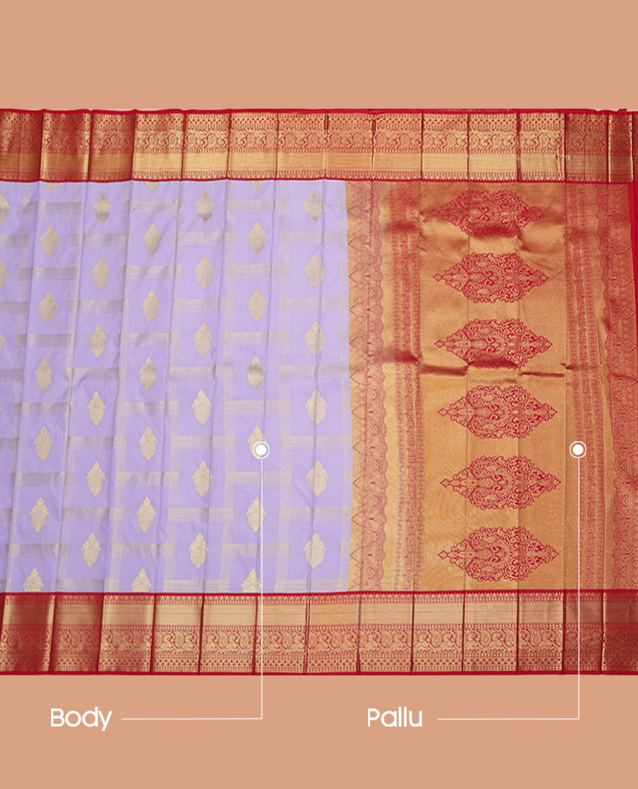 Lavender Budget Silk Saree, Delicately Woven with Zari Buttas Enclosed Checks All Over Its Body, Complemented by Contrast Traditional Zari Border of Peacock Designs, Grand Pallu, and Paired with a Contrast Blouse