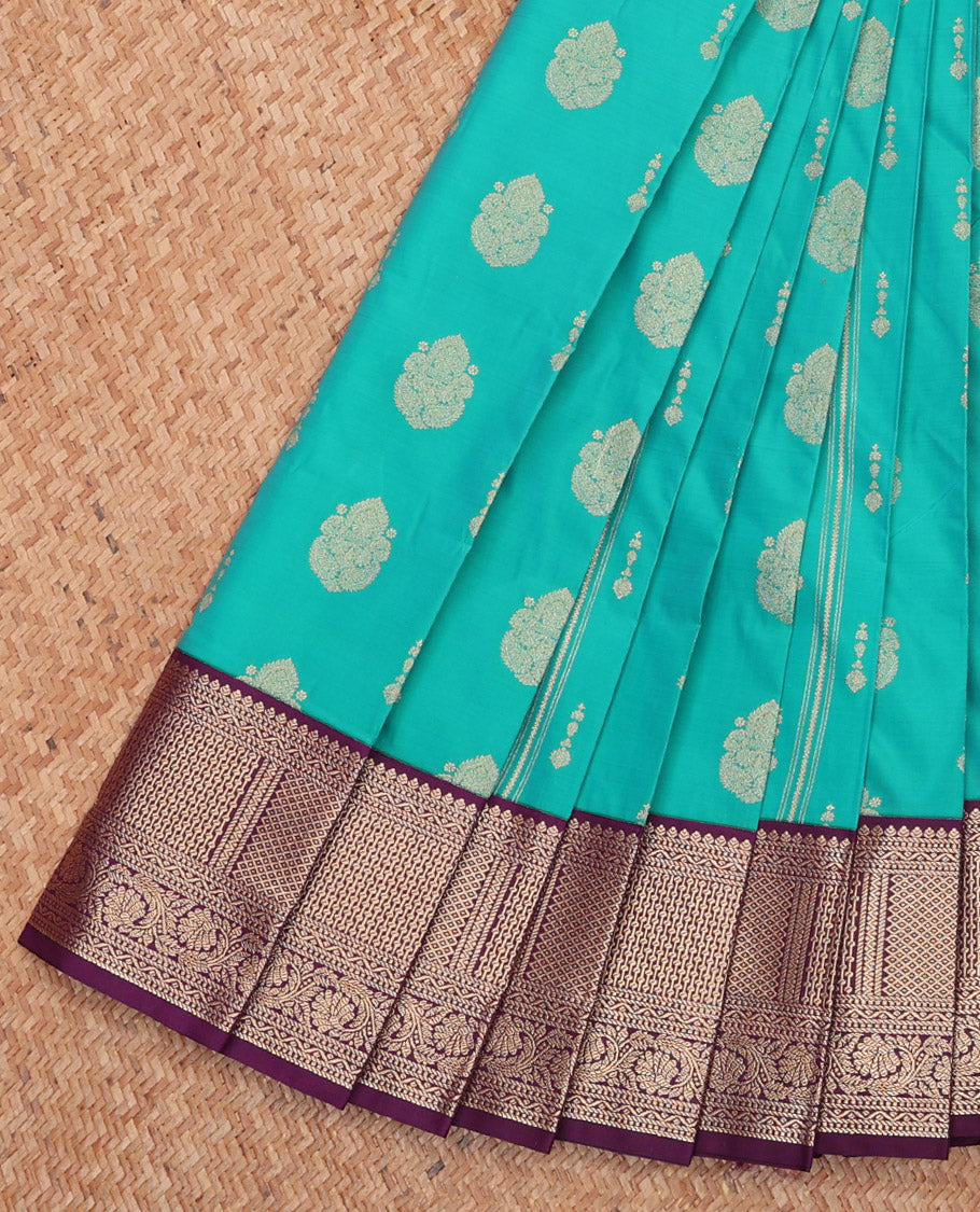 Turquoise Budget Silk Saree, Elevated with Zari Buttas, Complemented by a Contrast Traditional Zari Border, Grand Pallu, and Contrast Blouse