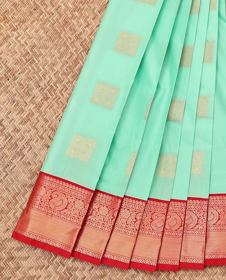 Turquoise Budget Silk Saree, Subtly Sparkled with Zari Buttas, a Contrast Traditional Zari Border, Jaal Pallu, and a Contrast Blouse