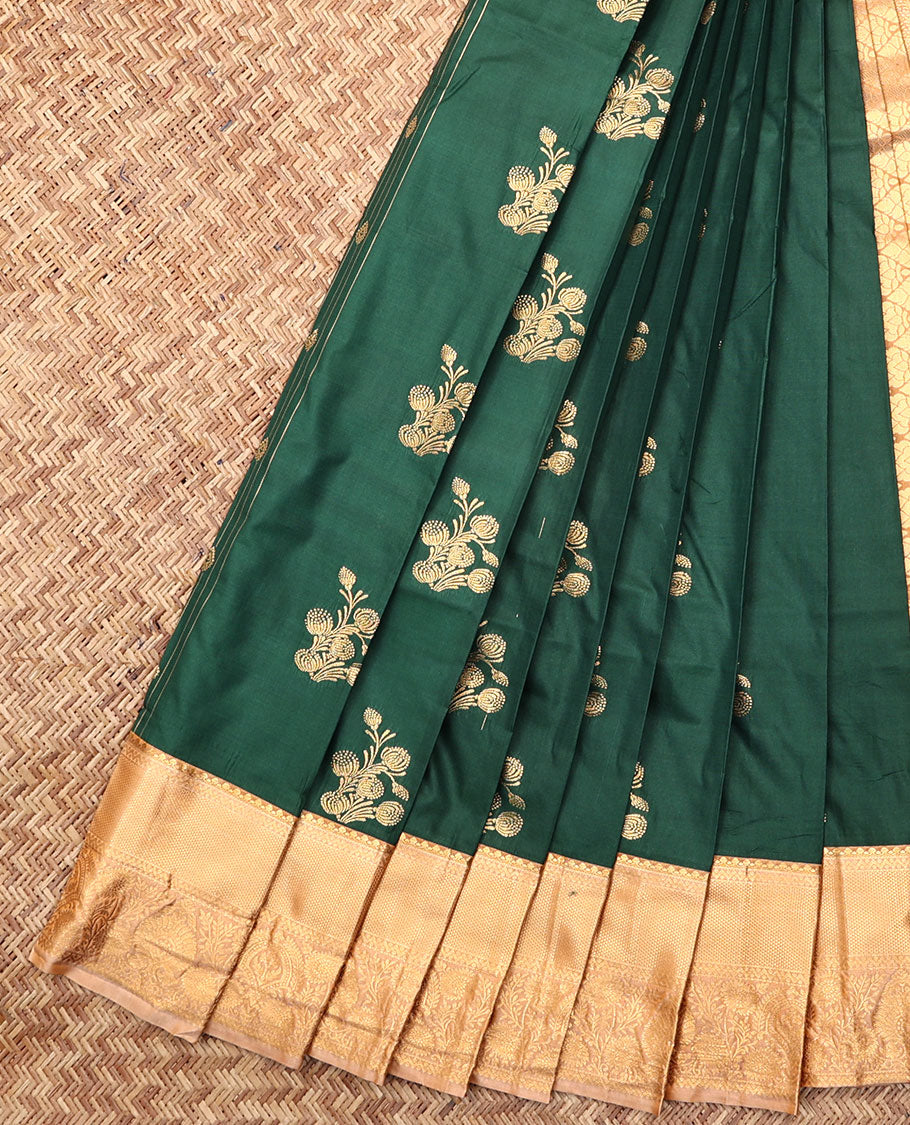 Green Budget Silk Saree, Woven with Zari Buttas and Stripes, Complemented by Contrast Traditional Zari Border, a Grand Jaal Pallu and a Contrast Blouse