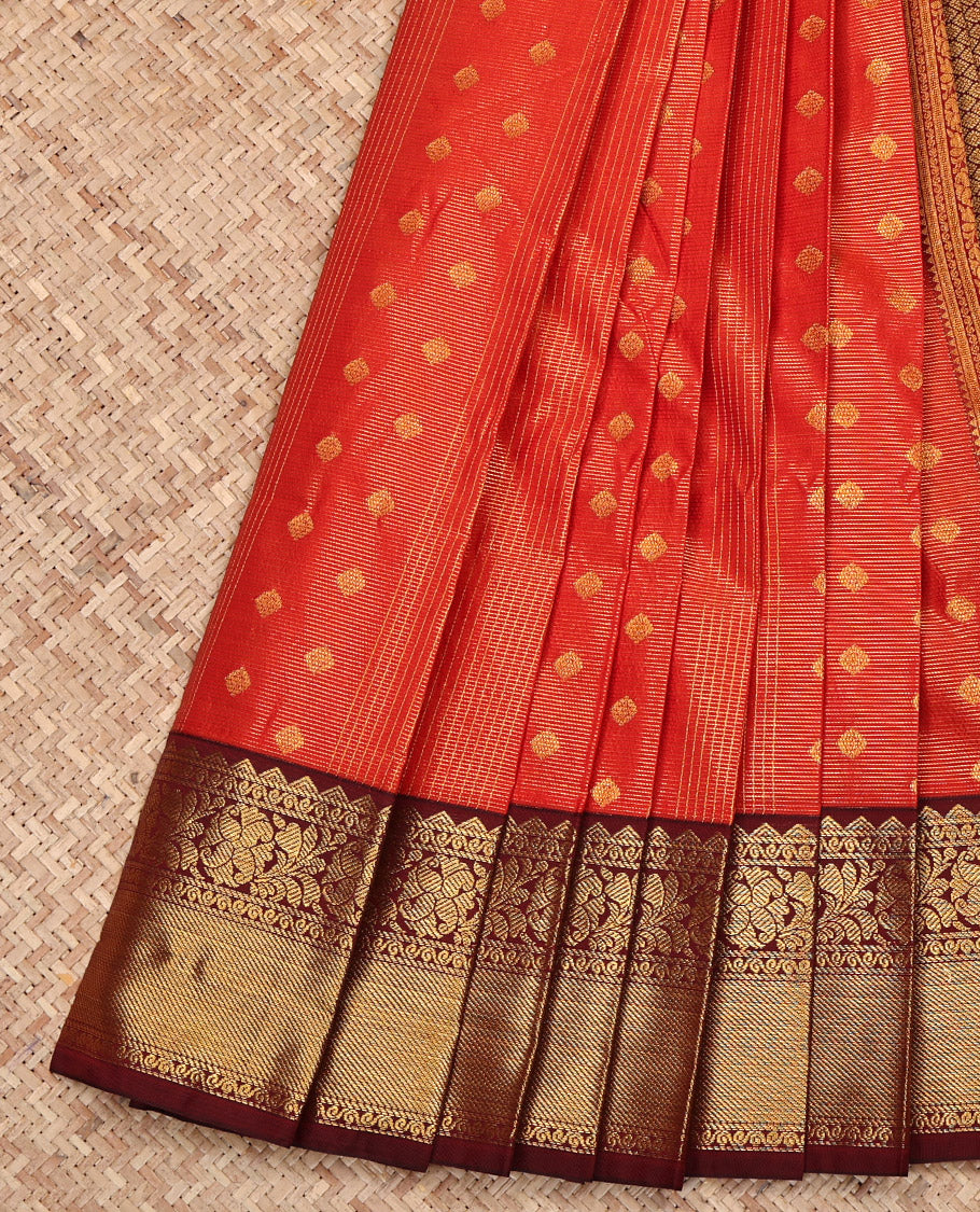 Red Budget Silk Saree, Elevated with Zari Buttas and Checked Design on Its Body, Complemented by a Contrast Traditional Zari Design Border, Grand Jaal-Patterned Pallu, and Paired with a Contrast Blouse