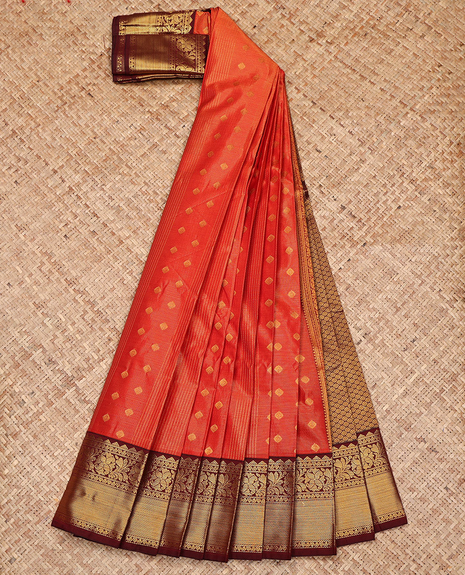 Red Budget Silk Saree, Elevated with Zari Buttas and Checked Design on Its Body, Complemented by a Contrast Traditional Zari Design Border, Grand Jaal-Patterned Pallu, and Paired with a Contrast Blouse