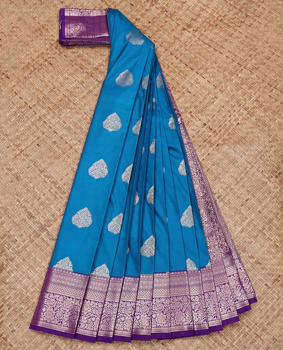 Blue Budget Silk Saree, Graced with Zari Buttas All Over Its Body, Complemented by a Contrast Traditional Zari Design Rettai Pettu Border, Intricate Pallu, and Paired with a Contrast Blouse