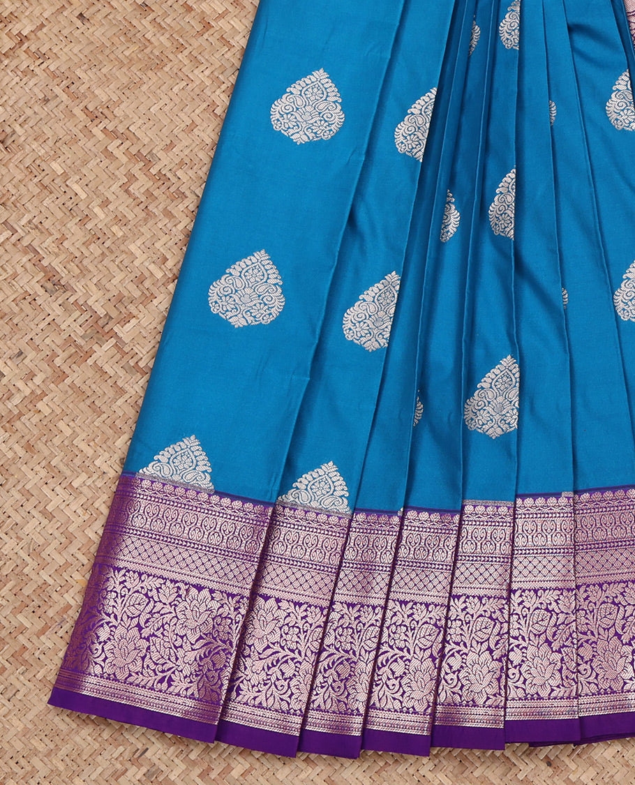 Blue Budget Silk Saree, Graced with Zari Buttas All Over Its Body, Complemented by a Contrast Traditional Zari Design Rettai Pettu Border, Intricate Pallu, and Paired with a Contrast Blouse