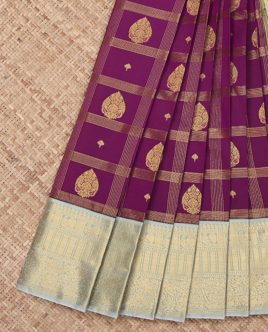 Purple Budget Silk Saree, Enthralled with Zari Buttas Enclosed Checks All Over Its Body, Complemented by Contrast Traditional Zari Border, Grand Geometric-Patterned Pallu, and Paired with a Contrast Blouse