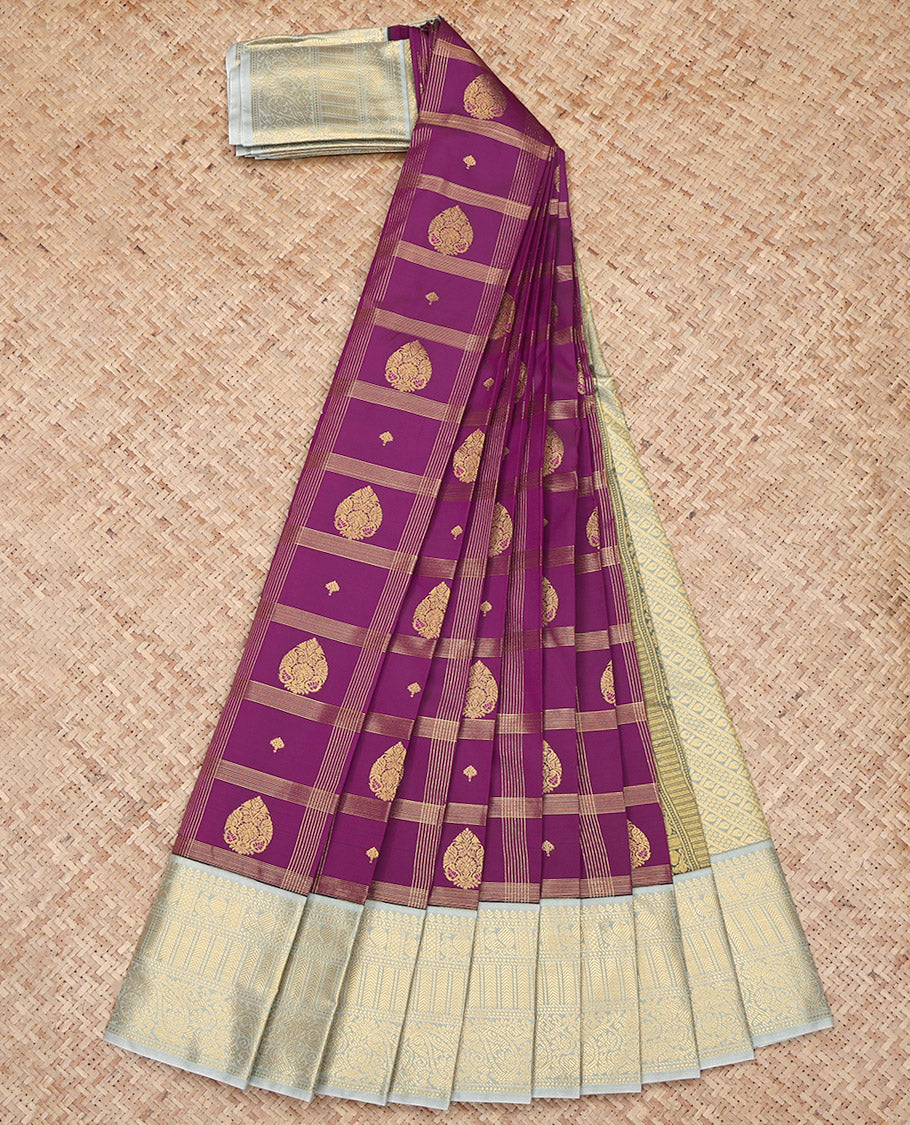 Purple Budget Silk Saree, Enthralled with Zari Buttas Enclosed Checks All Over Its Body, Complemented by Contrast Traditional Zari Border, Grand Geometric-Patterned Pallu, and Paired with a Contrast Blouse