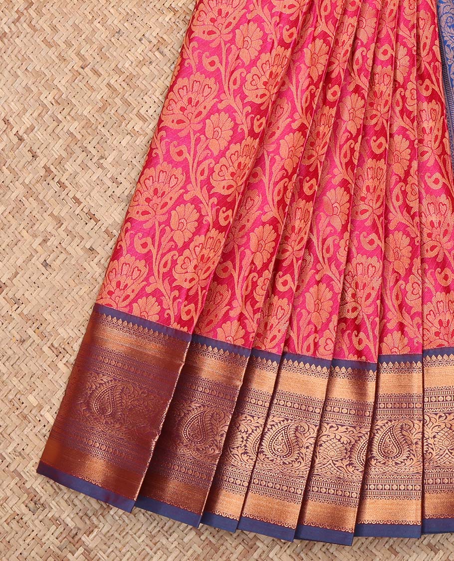Pink Budget Silk Saree, Detailed with Floral Jacquard Design, Complemented by a Contrast Traditional Zari Border, Jaal Pallu, and a Contrast Blouse