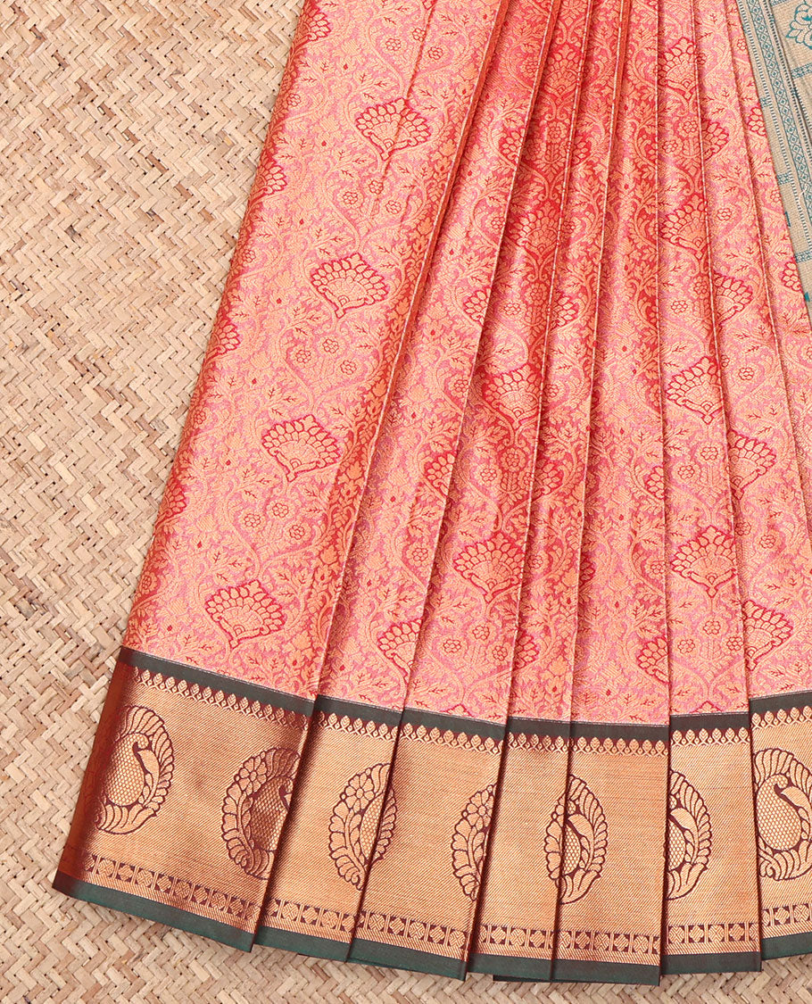 Peach Budget Silk Saree, Bedecked with Jacquard Design, Complemented by a Contrast Zari Border, Grand Pallu, and Contrast Blouse