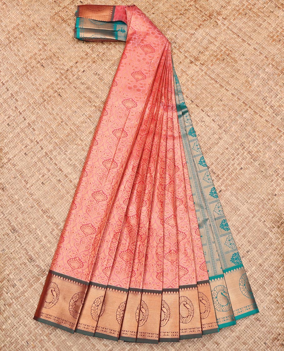Peach Budget Silk Saree, Bedecked with Jacquard Design, Complemented by a Contrast Zari Border, Grand Pallu, and Contrast Blouse