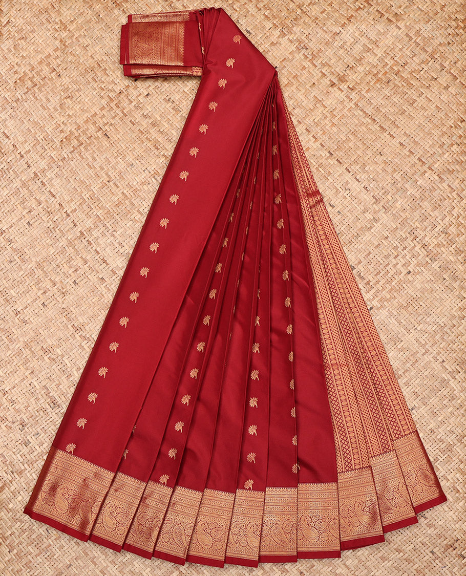 Red Budget Silk Saree, Decked Up with Zari Buttas, Highlighted by a Traditional Zari Border, Intricate Pallu, and a Matching Blouse