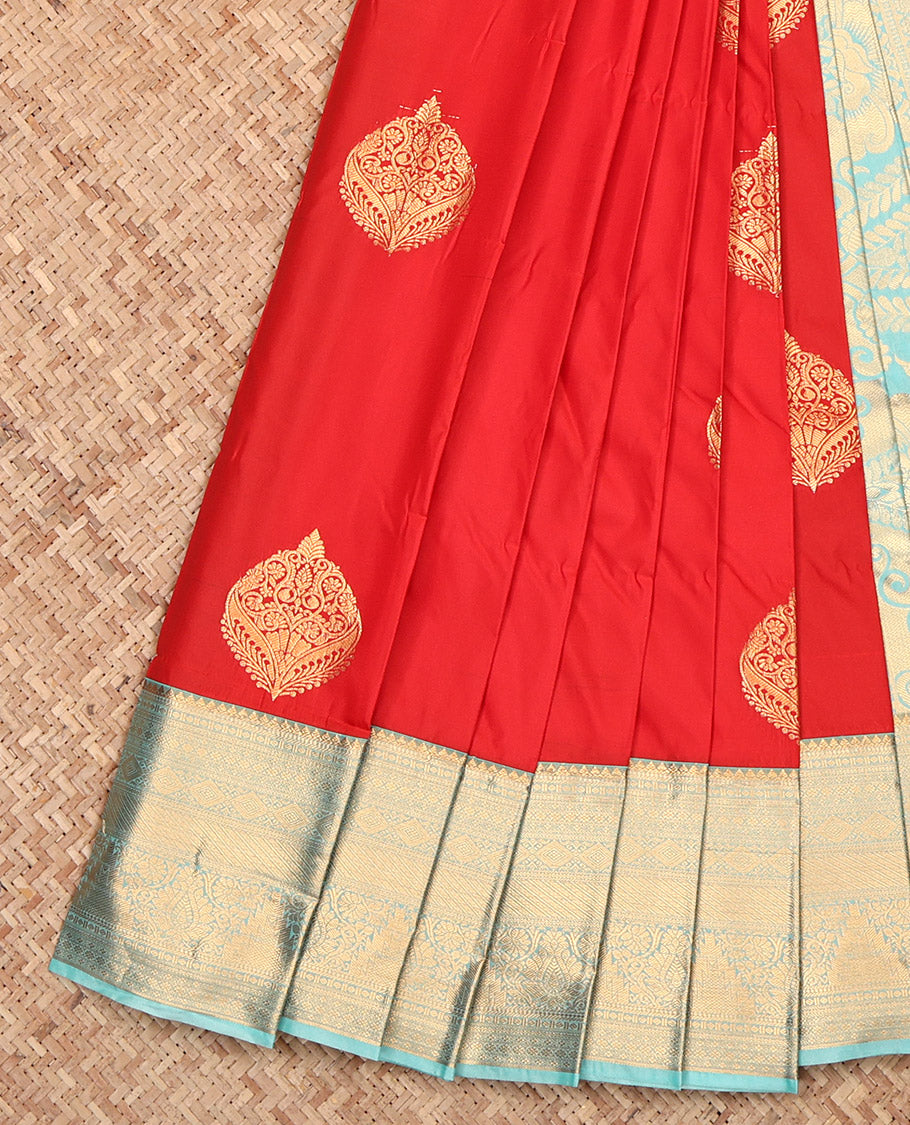 Orange Budget Silk Saree, Woven with Zari Buttas, Complemented by a Contrast Traditional Border, Grand Pallu, and a Contrast Blouse