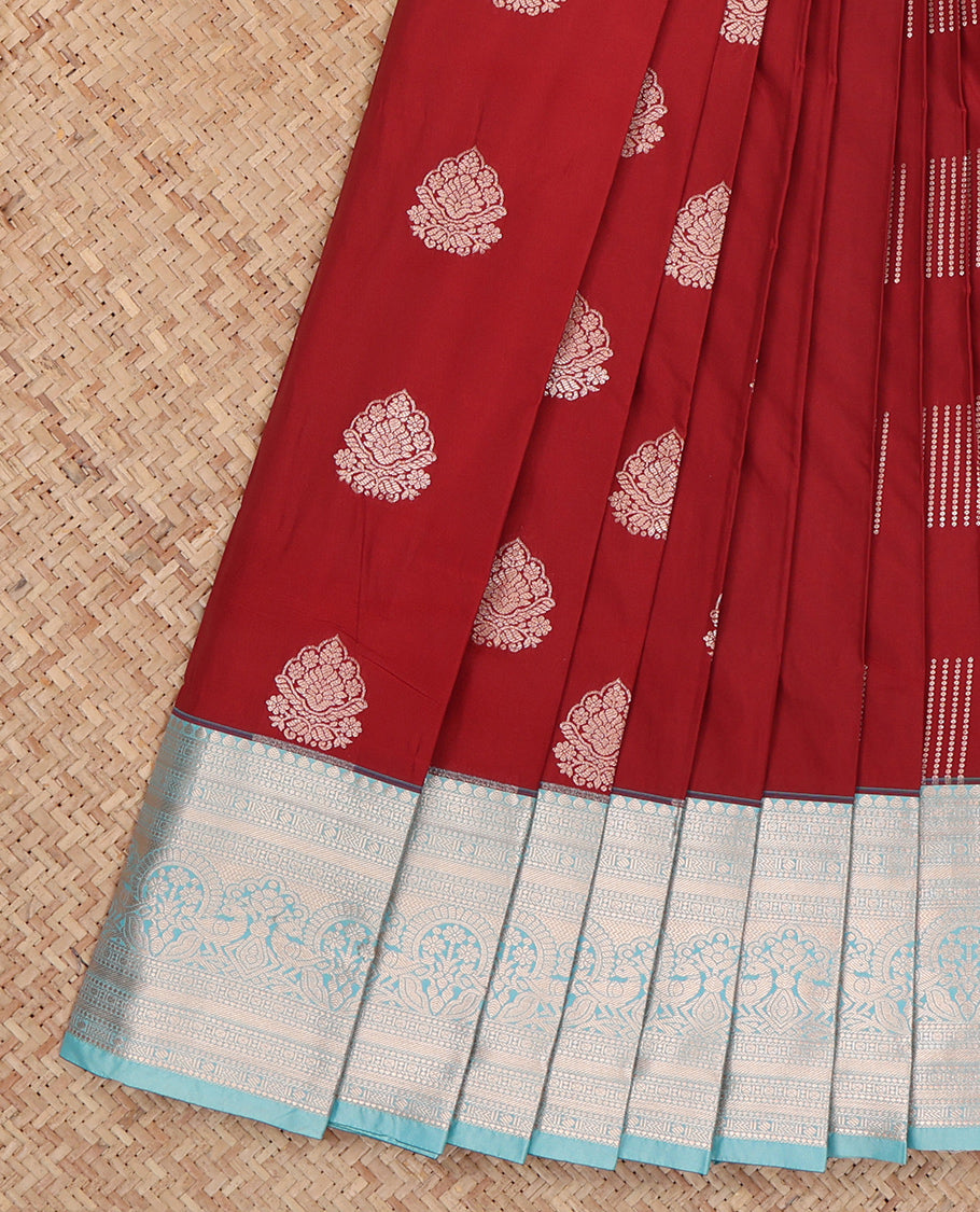 Maroon Budget Silk Saree, Detailed with Zari Buttas, Complemented by a Contrast Traditional Zari Border, Grand Pallu, and a Contrast Blouse