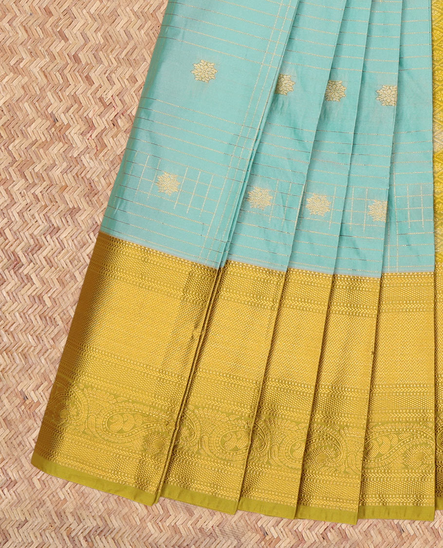 Pale Green Budget Silk Saree, Enthralled with Zari Buttas, a Contrast Traditional Zari Border, Grand Jaal Pallu, and a Contrast Blouse