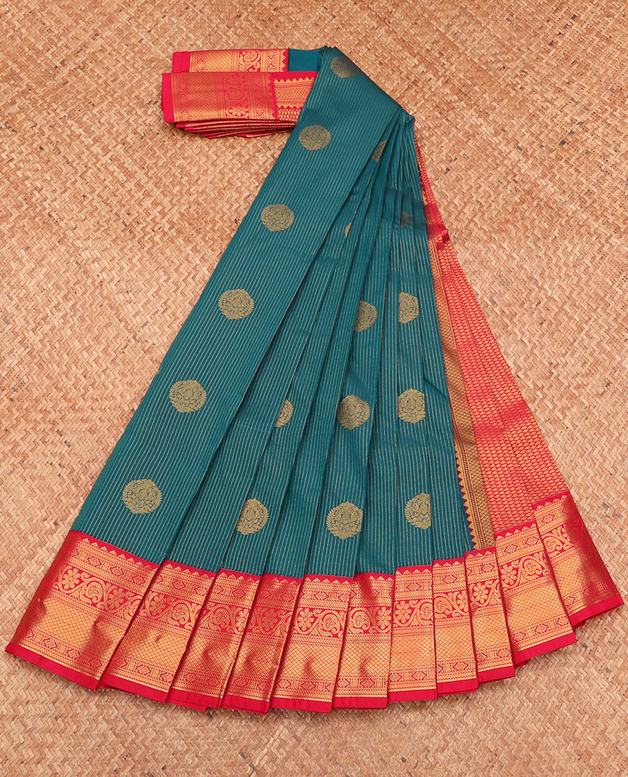 Green Budget Silk Saree, Detailed with Zari Buttas and Stripes, Complemented by a Contrast Traditional Zari Border, Grand Pallu, and a Contrast Blouse