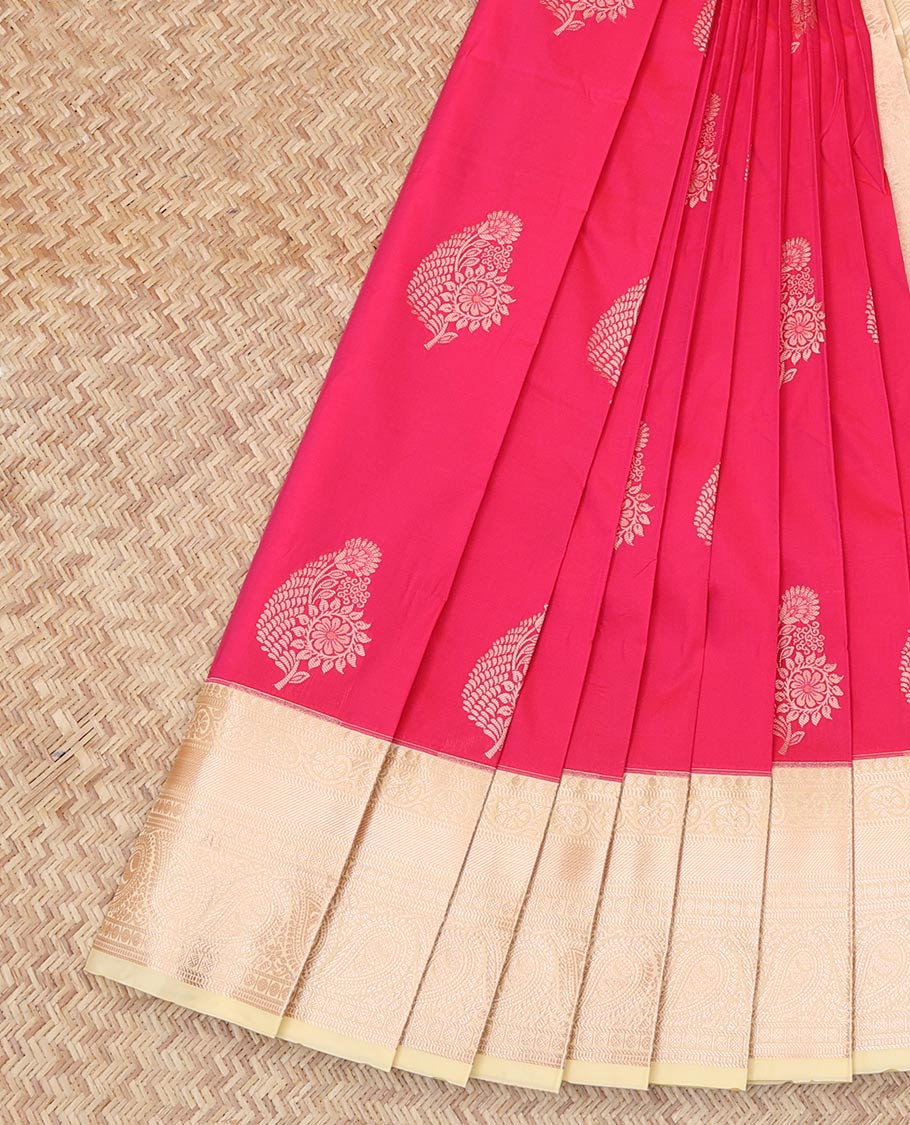 Pink Budget Silk Saree, Featuring Jacquard Design, Complemented by Contrast Traditional Zari Border, a Grand Pallu and a Contrast Blouse