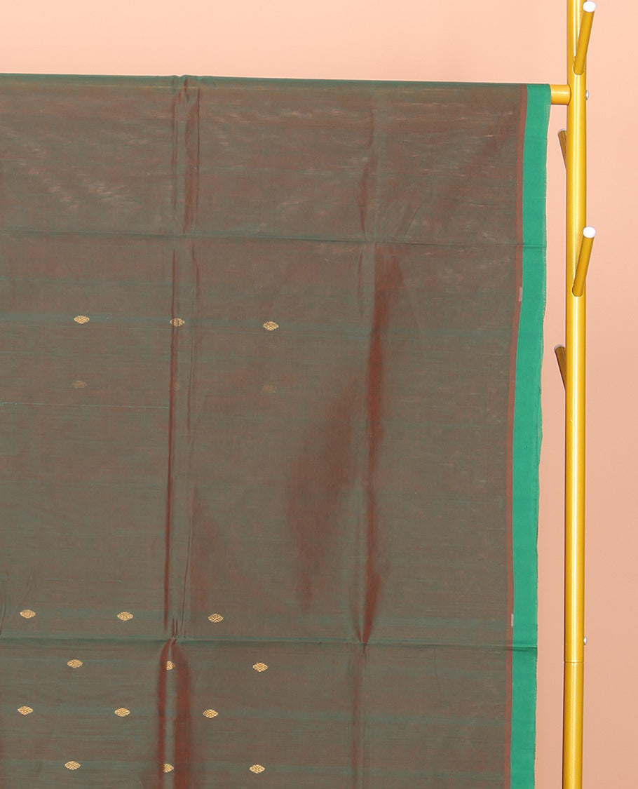 Green Venkatagiri Cotton Saree Features Buttas, a Contrast Zari-Thread Border, Pallu of Stripes, and No Blouse
