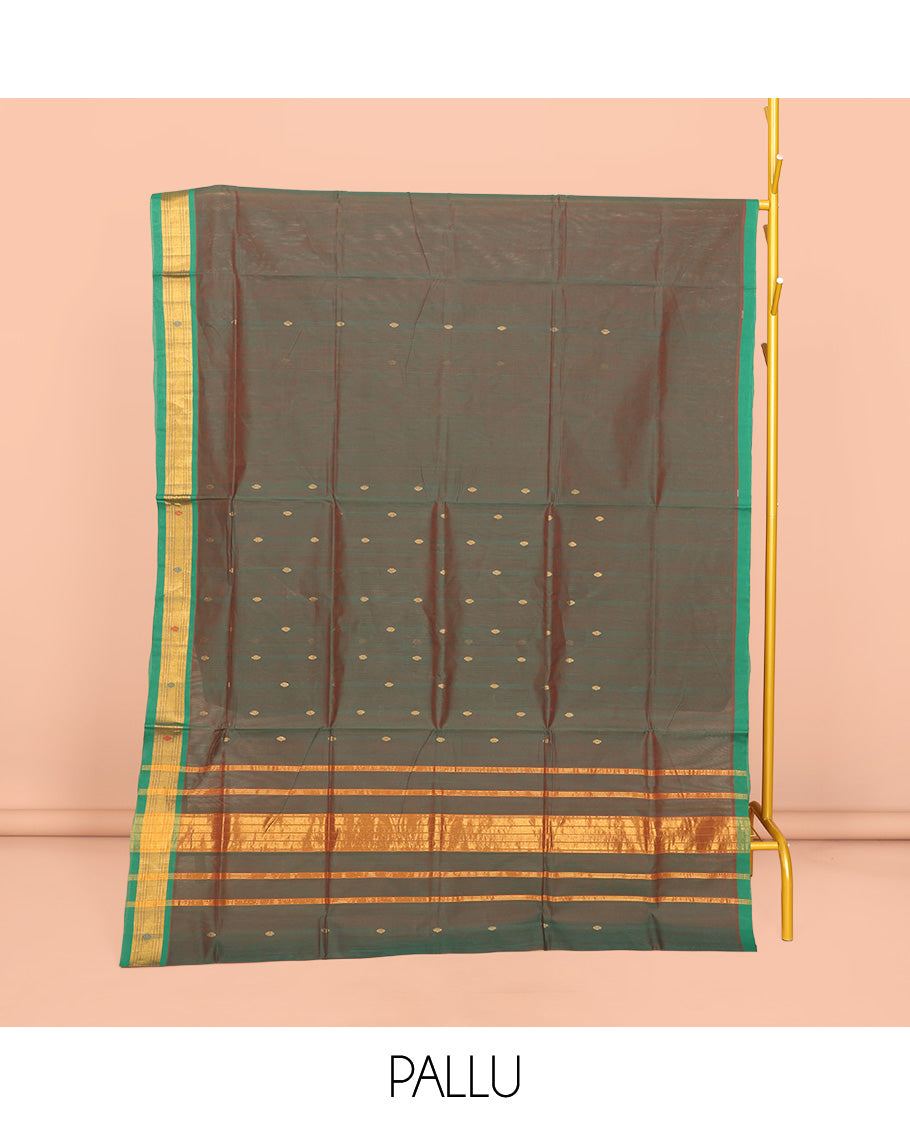 Green Venkatagiri Cotton Saree Features Buttas, a Contrast Zari-Thread Border, Pallu of Stripes, and No Blouse