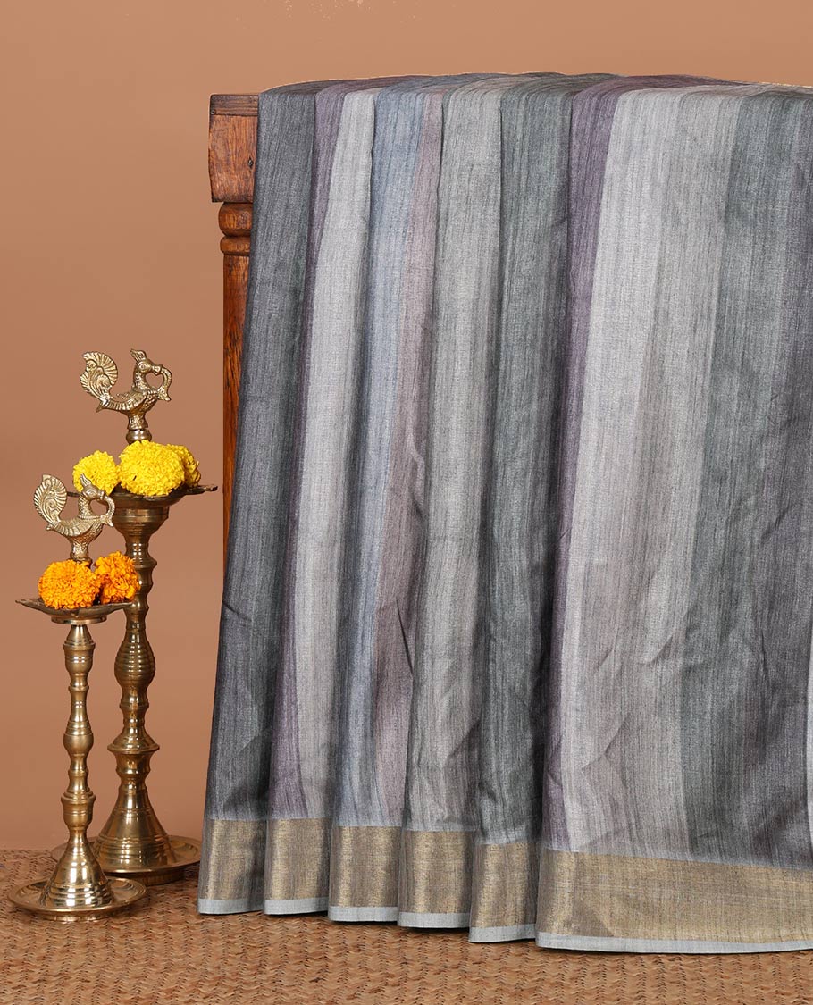 Blue hand-brush-dye theme printed semi-tusser silksaree,bavanji zari border,Madhubani printed pallu & floral print blouse