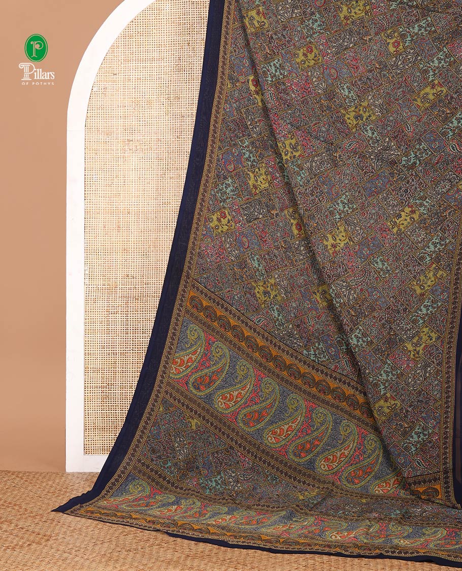 Navy blue kaleidoscopic-colored checks mill-printed kimaya saree, contrast plain border & paisley & geometric printed pallu