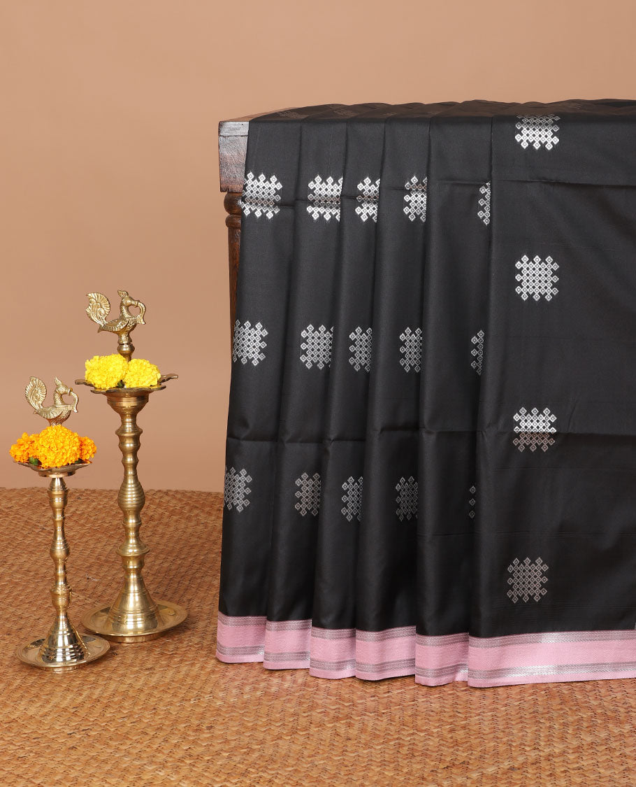 Black kolam design semi soft silk with zari double pet border & peacock design, rich pallu along with plain blouse