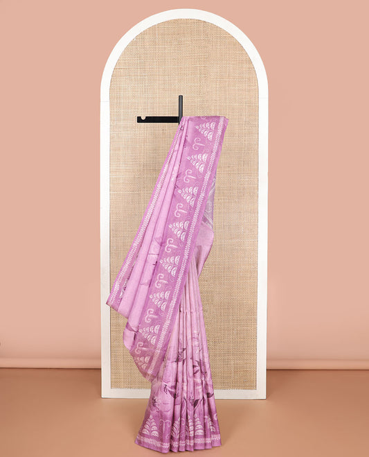 Lavender flower design tissue saree with self floral design border & geometric design pallu