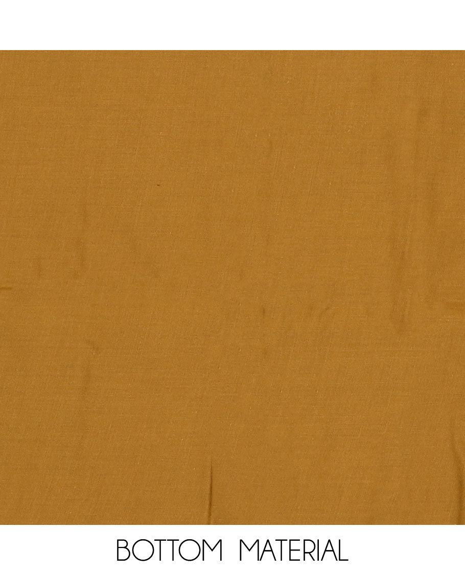 Mustard material chudidar set, leaf print with thread neck embroidered top, contrast bottom and sequins embroidered dupatta