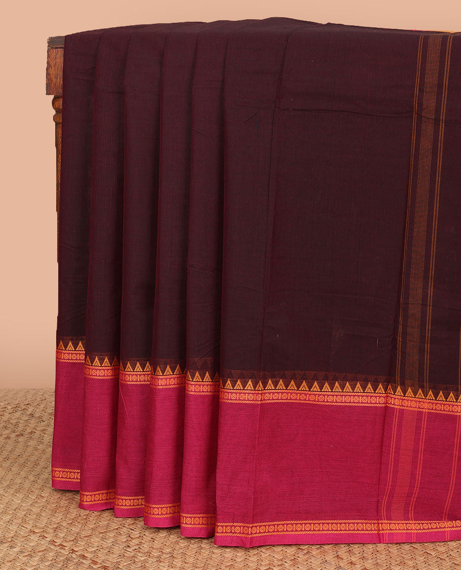 Brown chettinad cotton saree with contrast temple border & striped pallu
