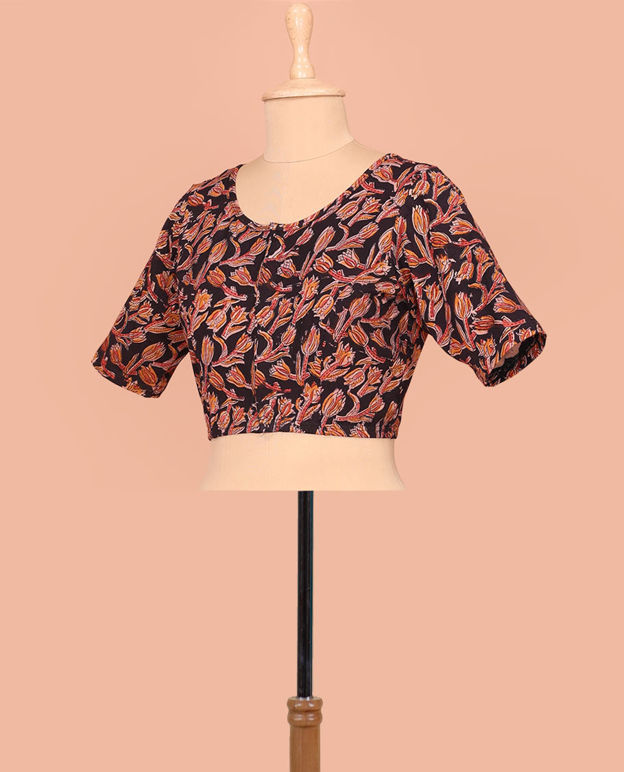 Black Cotton Readymade Blouse Accentuated with All-Over Floral Motifs Print, Featuring a Front Round-Neck, a Back Round-Neck, and Elbow Sleeves