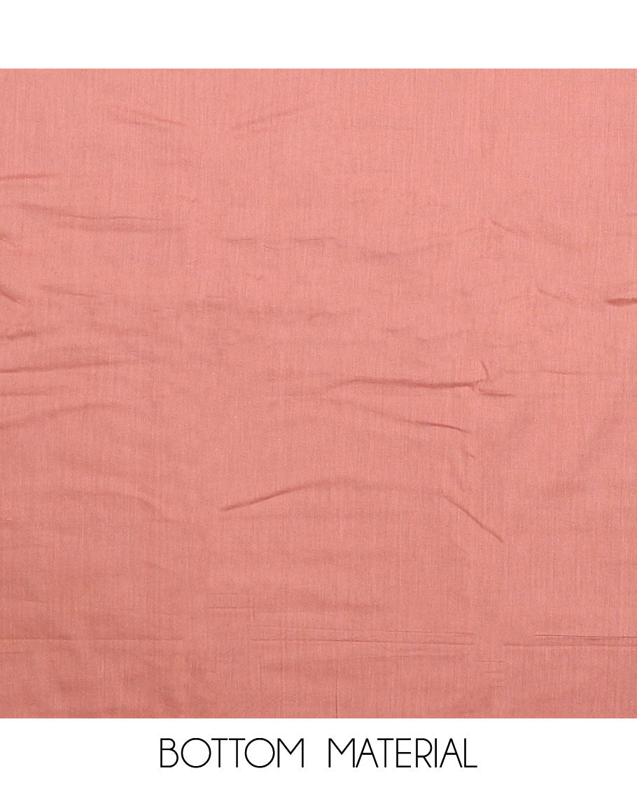 Peach material chudidar set, intricately printed with neck work top, plain bottom, and floral motifs embroidered dupatta