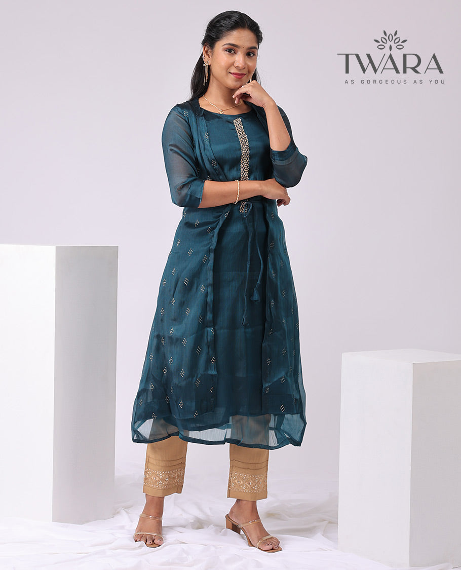 Twara blue geometric embroidered round neck 3/4 th sleeve bleow knee lenght with over coat