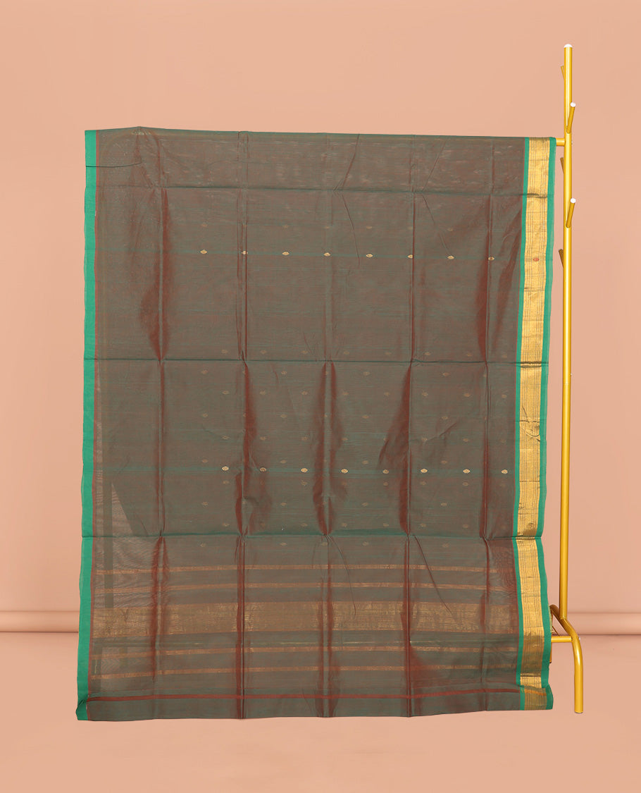 Green Venkatagiri Cotton Saree Features Buttas, a Contrast Zari-Thread Border, Pallu of Stripes, and No Blouse